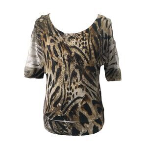 Cache Women’s Shirt Black and Brown Multi Print Short Sleeve Boat Neck Size XS